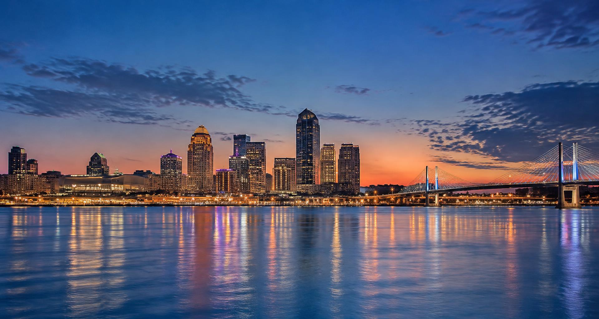 Louisville waterfront skyline and bridge at sunset
