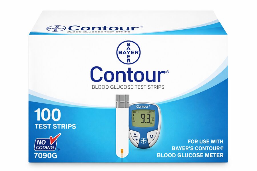 Sealed Contour diabetic test strip boxes and glucose meter
